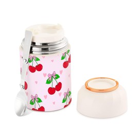 SDMKA 16OZ Vacuum Insulated Food Jar Cherries Leaves Bows Stainless Steel Hot Cold Food Thermo with Spoon for Kids and Adult, Lunch Container for School, Office, Picnic