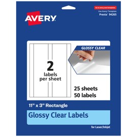 Avery Glossy Clear Rectangle Labels, 11" x 3", 50 Glossy Clear Labels, Laser/Inkjet Printable, Great for Product Merchandising, Weddings, and Mailing