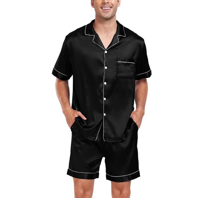 SWOMOG Men Satin Silk Pajamas Sets Short Sleeve Sleepwear Button-Down