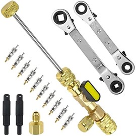 Valve Core Remover Installer Tool and HVAC Service Wrench Set with Hex Bit Adapters, Dual Size SAE 1/4 & 5/16 Port, 3/8” to 1/4”, 5/16'' x 1/4'' Refrigeration Service Wrench, 10pcs Valve Core