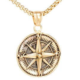HIJONES Men's Stainless Steel Round Compass Pendant Necklace Vintage Chain, Gold