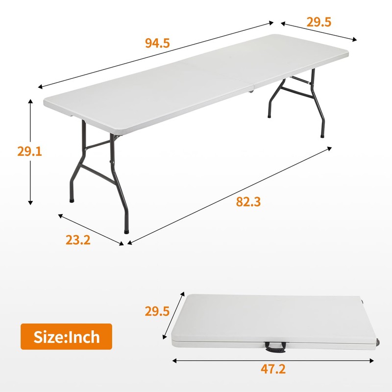 BestOffice Camping Folding 8 Foot Plastic Table, White