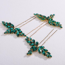 Missgrace Women Silver Red Green Simple Rhinestones Hair Pins Headpiece Bride Wedding Prom Party Hair Accessories for Women Set of 3 (Peacock Green)