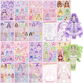 20 Sheets Princess Dress up Stickers,Anime Paper Doll Collection,DIY Make a Face Stickers, Fantasy Fairy Dress-up Set with Colouring Pages for Girls(Purple+Pink)