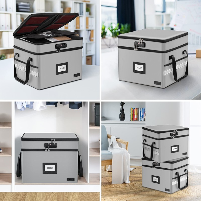 Fireproof Document Box with Lock, 2-Layer File Box Storage Organizer