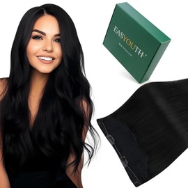 Easyouth Wire Hair Extensions Black Short Human Hair Wire Extensions Jet Black Invisible Fish Line Hair Extension Lightweight for Women 12Inch 70G