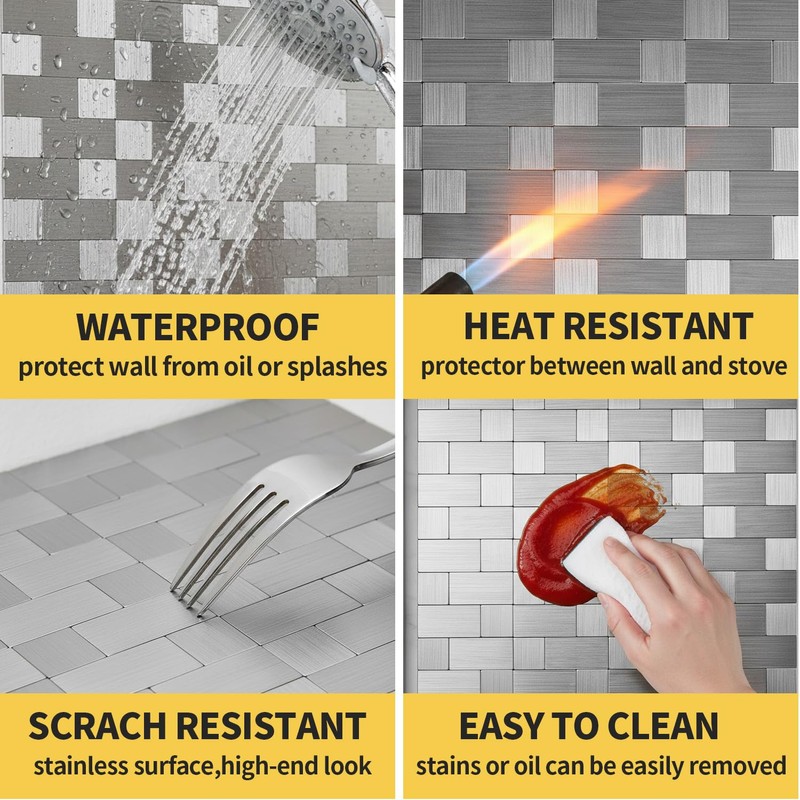 Yipscazo 20-Sheets Stainless Steel Peel and Stick Backsplash for Kitchen,