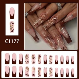Brown French Tip Press on Nails Long Square Fake Nails Flower Design Autumn Glue on Nails Full Cover Acrylic Press ons Thanksgiving False Nail Press on French Tip Nail DIY Nail Art Decorations
