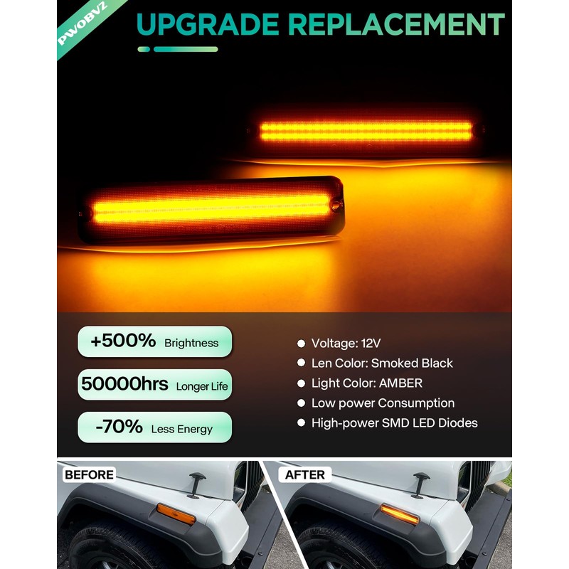 PWOBVZ Full LED Side Marker Lights for 1987-1995 Jeep Wrangler