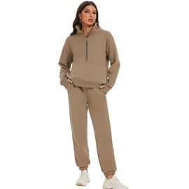 COZYPOIN Women's Sweatsuit Sets 2 Piece Fleece Outfit Half Zip Sweatshirt and Joggers Pants Tracksuit Khaki