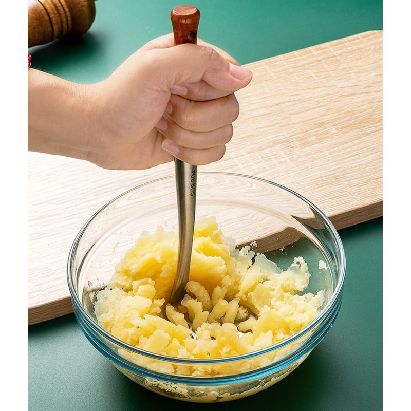 Avocado Masher Stainless Steel Small, Mini Potato Masher, Wooden Handle