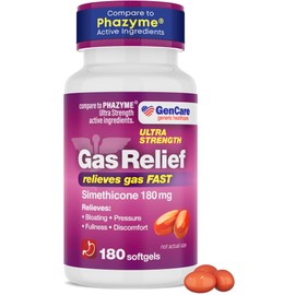 GenCare - Ultra Strength Simethicone Gas Relief 180 mg (180 Softgels) | Anti Flatulence, Bloating Aid, Stomach Discomfort and Gas Pressure Reliever Pills | Relieves Gas Fast | Generic Phazym