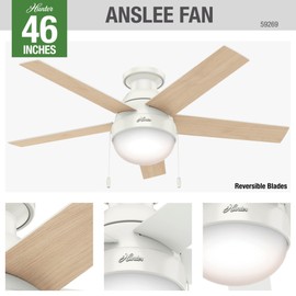 Hunter 46 inch Indoor Ceiling Fan with LED Light - White Ceiling Fan with Pull Chain, For Bedroom, Living Room, or Kitchen, Low Profile Mount, No Remote, 5 Blades - Anslee 59269, Fresh White