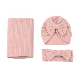 3pcs Receiving Blanket Headband Set Cotton Polyester Wheat Texture Pure Color Stretch Wrap Swaddle Blanket Pink