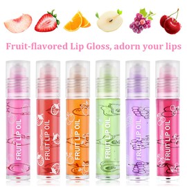 AOOWU 6 Pcs Hydrating Lip Oil Set, Fruit-Flavored Plumping Lip Oil, Long Lasting Lip Glow Balm Lip Care, Transparent Moisturizing No-Sticky Lip Gloss(Peaches,Orange,Avocado,Strawberry,Grape,Cherry)