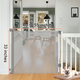Toumoly Retractable Mesh Safety Gate, Pets Gate, Baby Gate, 33" Tall, Extends to 55" Wide, for Stairs, Doors, Hallways, Indoor/Outdoor (Grey, 55 Inches)