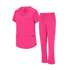 Natural Uniforms Womens 11 Pocket Cool Stretch Cargo Scrub Set (Hot Pink, X-Small)
