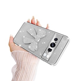 for Google Pixle 8 Pro Case, Pixle 8 Pro Case for Women Glitter Stylish Soft Clear TPU Luxury 3D Bowknot Crystal Sparkly Shiny Protective Cover with Strap for Pixel 8 Pro 6.7 inch (Bowknot Silver)