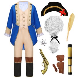 Mecamelon Washington Costume Boys Hamilton American Colonial Patriot Uniform with Wig (Blue, 11-12 Years)