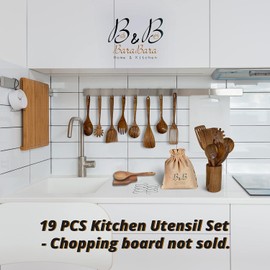 BaraBara Wooden Utensils for Cooking with Utensils Holder - Kitchen Utensils with Wooden Spoons, Hooks, and Spatula Set - Non Stick Wooden Utensils Tool Set of 8 - 100% Natural Teak Wooden Utensil Set