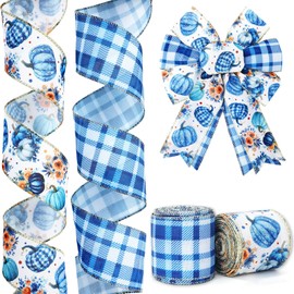 Fall Glitter Wired Edge Ribbon Blue Pumpkin Flower Plaid Craft Ribbons Watercolor Checkered Floral Fabric Ribbon for Autumn Wreath Bow DIY Wrapping Party Decor, 2 Rolls, 20 Yard