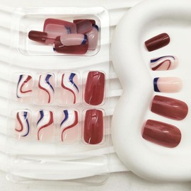 4th of July Press on Nails Medium Square Fake Nails Press ons Glossy Blue French Coffin Nails Red Blue White Swirl Design False Nails Independence Day Full Cover Glue on Nails for Women 24 Pcs