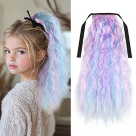 Clip in Ponytail Extension with Tie 20 Inch Long Wavy Curly Wrap Around Pony Tail Hair Synthetic Ponytail Hair Extainson for Girl (Mix Color B)