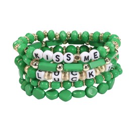 Pingyongchang St.Patrick’s Day Beads Bracelets Lucky Irish Shamrock Adjustable Stackable Stretch Bracelet Cute Green Clover Leaf Beaded Bracelet for Women Men Holiday Festive Jewelry-Set A