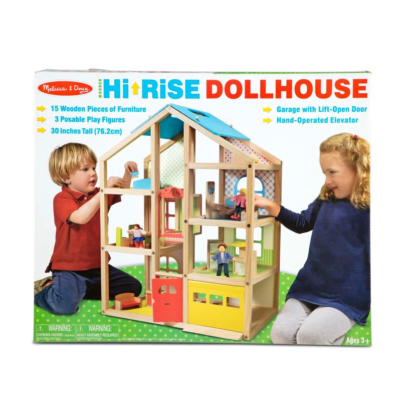 Melissa & Doug Wooden Hi-Rise Dollhouse with 15 Furniture Pieces,
