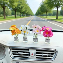 DRIYANN Daisy Car Dashboard Decorations - 4 Pack Mini Floral Accessories for Women - Secure Adhesive & Residue-Free Removable Vases for New Car Gift