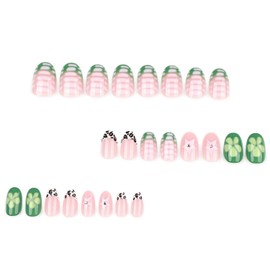 Leopard Print French Press on Nails Short Almond Shaped Fake Nails with Flower Srats Design Full Cover False Nails Glossy Green Acrylic Nails Stick on Nails for Women Nail Art Manicure 24 Pcsa