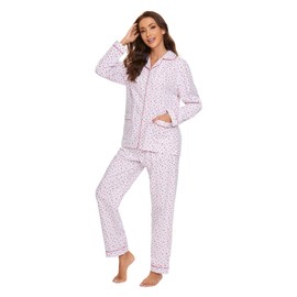 amaxer Women's Flannel Pajama Set 100% Cotton Pajamas For Women Long Sleeve Elastic Drawstring Pjs Button Warm Sleepwear