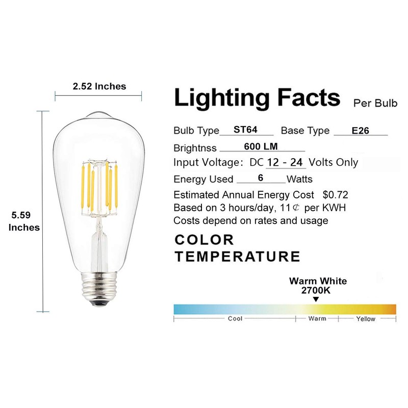 OPALRAY Low Voltage DC 12V/24V 6W LED Bulb, Edison Style