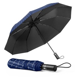TechRise Umbrella Pocket Umbrella Storm Resistant Large -10 Ribs Windproof Storm Pocket Umbrella Automatic Compact with One Button Open and Close Automatic, blue chequered
