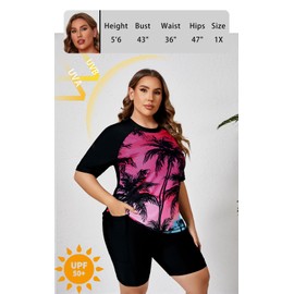 Halcurt Women Plus Size Swimwear with Shorts Rash Guard Short Built in Bra Sun Protection Palm 2X