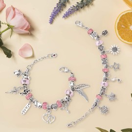 Linkbro DIY Charm Bracelet Kit, Gift Girls 8-12 Years, DIY Bracelets Jewellery Craft Set for Children with 3 Silver-Plated Chain and Gift Box