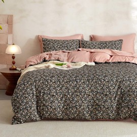 Wake In Cloud - Floral Comforter Set, Cute Vintage Flower Cottagecore Aesthetic for Women Teen Girls, Soft Lightweight Dorm Bedding, 3 Pieces, Black, Queen Size
