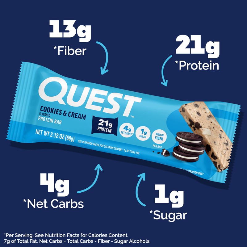 Quest Nutrition Cookies & Cream Protein Bars, 21g Protein, 4g