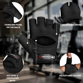 WESTWOOD FOX Gym Gloves for Men & Women–Ventilated Weight lifting,Fitness,Cycling & Training Gloves with Thick Padding,Full Palm Protection,Non-Slip Grip,Breathable Mesh,Shock Absorption (BLACK, S)