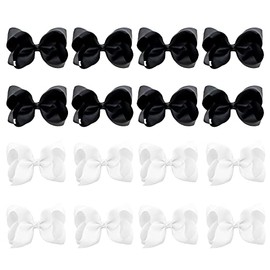 16 PCS 4" Hand-made Hair Bow Grosgrain Ribbon Solid Color Hair Bow Alligator Clips Hair Accessories for Little Teen Toddler Girls -White/Black