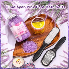 XIWEIOO Pack of 4 lavender Himalayan Pink FOOT SOAK SALT Kit Tea Tree OiFoot Callus Remover Gel Kit Foot Files Set Moisturize, Foot Odor cream spa massager Epsom Salt pedicure at home spa