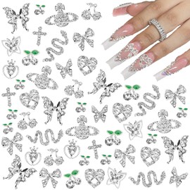 CUBLIVE 24PCS Nail Charms Y2k Alloy Nail Art Rhinestone Charms 3D Heart Bow Butterfly Charm with Rhinestones Cherry Nail Gems Shiny Jewelry Nail Decorations Accessories Supplies (SS)