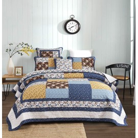Tache Cotton Patchwork Farmhouse Cottage Coastal Garden Ditsy Floral Light Navy Blue Yellow White Brown Lightweight Coverlet Prairie Sunset Quilt Set, Queen