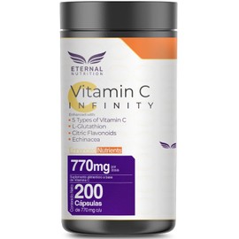 VITAMIN C INFINTIY GLUTATION 200 capsulas (770mg por porcion) Complejo de Vitamina C con Glutation, Zinc y Flavonoides, by Eternal Nutrition - Ingredientes Naturales Premium de USA