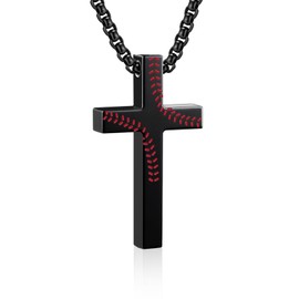 LYNNON Baseball Cross Necklace for Men Boys, Stainless Steel Cross Pendant with 20+2 Inches Chain Baseball Accessories Christian Sport Jewelry Gifts (Black)