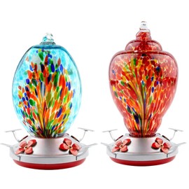 2 Pack Unique Hand Blown Glass Hummingbird Feeders for Outdoors Hanging Patio Garden Decorations Hummingbird Feeder with Ant Moat Hook Brush and Service Card (Blue and Fire)