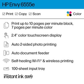 HP Envy 6555e Wireless All-in-One Color Inkjet Printer, Print, scan, Copy, Duplex Printing Best-for-Home, 3 month Instant Ink trial included (714N5A)