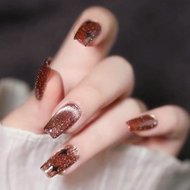 AHAMIOU Crystal Cat Eye Gel Polish Kits Magnetic Nail Polish Set Holographic Cats Eyes Gel Nail Polish Shiny Diamond Glitter Gel with Magnet Stick (Sugar Brown)