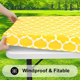 Smiry Rectangle Picnic Table Cover, Waterproof Elastic Fitted Camping Tablecloths for 8 Foot Tables, Wipeable Flannel Backed Vinyl Tablecloth Protector for Indoor, Outdoor (Yellow, 30x96 Inches)