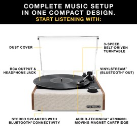 Victrola Eastwood II Record Player with Speakers – Bluetooth 5.1 and Vinyl Stream Technology, Vintage Style 3-Speed Vinyl Player, Audio Technica AT-3600LA Cartridge (Espresso)